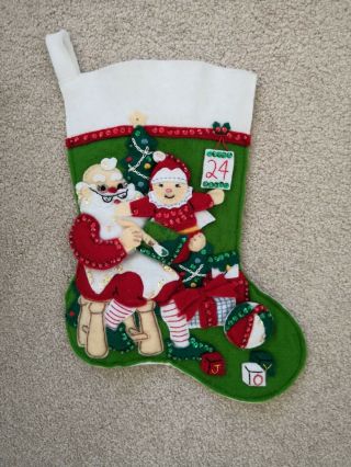 Vtg Handmade Santa Child Toys Bucilla Felt Sequins Christmas Stocking Completed