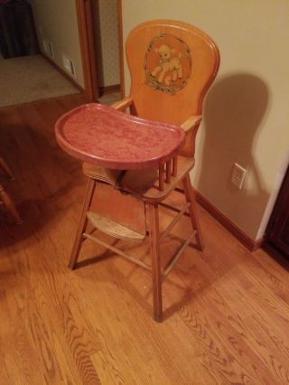 Vintage Storkline Wooden High Chair With Tray - Lamb Decal