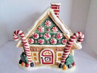 Christmas Sakura Gingerbread House Cookie Jar Debbie Mumm Cotttage Candy Canes