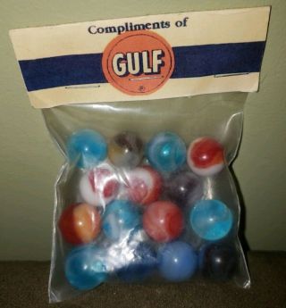 14 Vtg.  /antique Complimentary Bag Of Marbles For Gulf (oil Company)