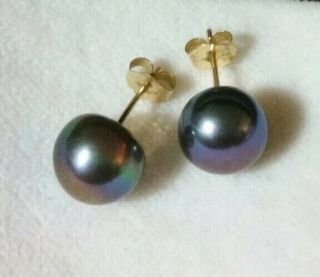 Vintage Designer Signed 14k Gold 8mm Tahitian Pearl Earrings