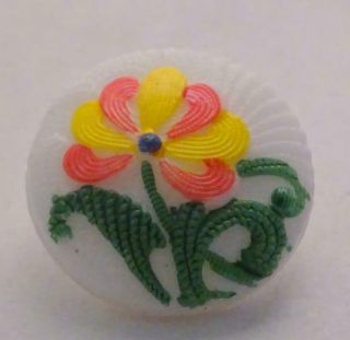 Vintage White Glass Button With Colorful Painted Flower