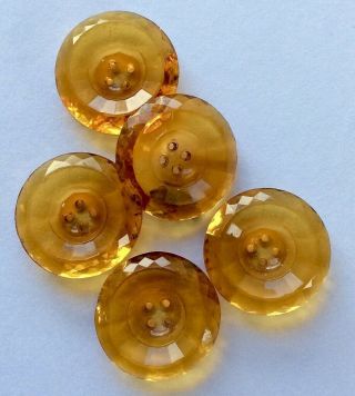 5 Large (27mm) Vintage Faceted Amber Crystal Glass Buttons
