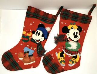Disney Minnie Mickey Mouse Ice Skating Applique Red Plaid Christmas Stocking Set