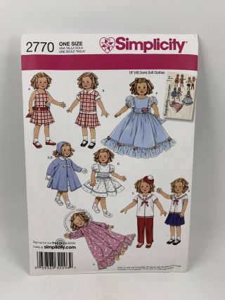 Vintage Simplicity 2770 Pattern For Wardrobe For 19 Inch Doll
