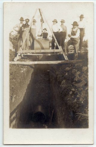 Workers Lay A Pipeline In Ditch; Real Photo Postcard Rppc C.  1915