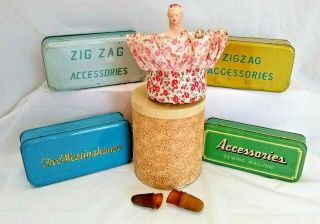 Vtg/antique Sewing Tins & Composition Pin Cushion - Zig Zag/ Westinginghouse