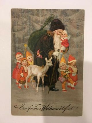 1930 German Ein Frohes Weihnachtsfest Purple Santa White Deer Pixies Fairies
