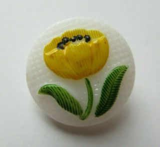 Very Pretty Antique Vtg White Glass Button W/ Hand Painted Yellow Flower (c)