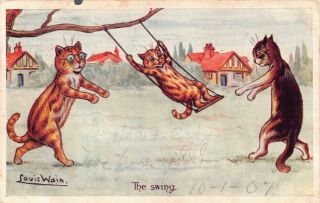 Louis Wain Postcard The Swing Mother And Father Cat Pushing Kitten Swing 124883