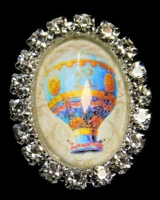 Collectible Button Hot Air Balloon Print Under Glass In Metal W Rhinestones Ab