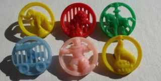 Set Of 6 Vintage Plastic Buttons,  Circus Theme