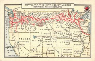 Vintage 1920s Postcard Northern Pacific Railway Routes Map Train Litho North
