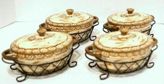 Set Of 4 Temp - Tations 9oz Old World Brown Casserole Dishes With Lids & Baskets