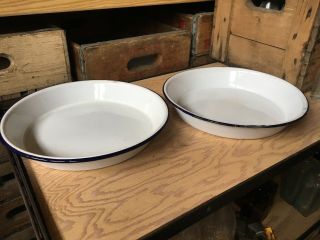 Vintage White & Blue Enamelware Pie Plate Pan 10 Inch Enamel Ware Pans Plates