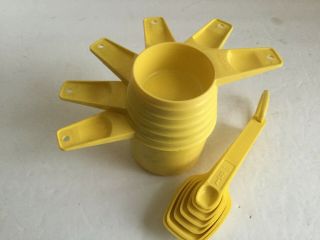 Vintage Tupperware Bright Yellow Measuring Spoons,  Cups,  Holding Ring 14 Pc Set