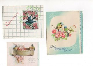 3 Vintage Folding Birthday Greeting Cards Of Birds