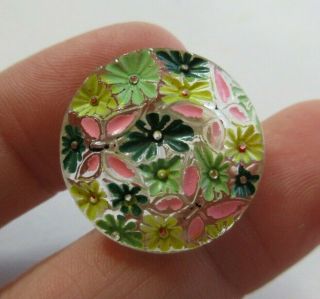 Lovely Antique Vtg Hand Painted Clear Glass Button W/ Flowers & Butterflies (c)