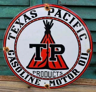 Vintage Tp Texas Pacific Gasoline Motor Oil Porcelain Gas Station Pump Sign