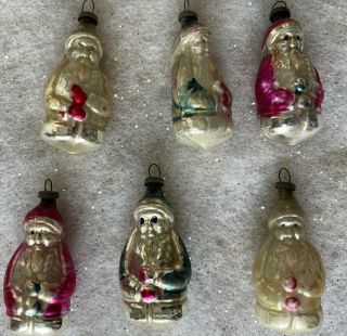 Vintage Antique Glass Santa Claus Ornaments Set Of Six Miniature Feather Tree