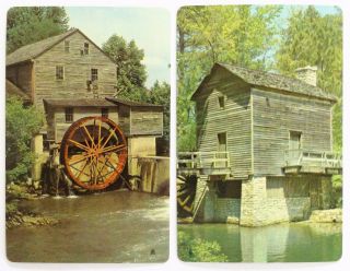 Pair Vintage Swap Cards.  Historic Water Wheel Grist Mills On River.  Hoyle
