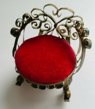 Vintage Pin Cushion Ornate Gold Metal Rocking Chair W/red Cushion 2 1/2 "