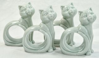 Set Of 4 Ceramic Cat Kitten Napkin Holders Green Cat Lover Gift