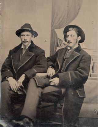 Tin Type Photo Of 2 Men In Great Coats & Hats Western Look Gay Interest