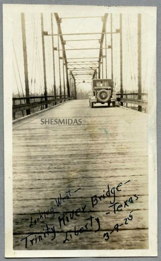 318 Lonely Car On The Trinity River Bridge In Liberty Texas,  Vintage 1925 Photo