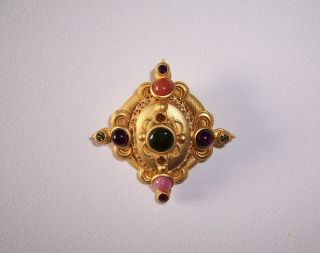 Vintage,  Jeweled Natasha Stambouli,  Signed,  Locket Brooch,  24k Gold Plated Semi Prec