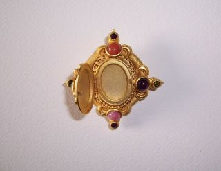 Vintage,  Jeweled Natasha Stambouli,  Signed,  Locket Brooch,  24K Gold Plated Semi prec 2