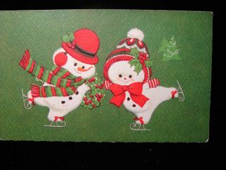Vintage " Snow Couple Skating In With A Wishes " Christmas Greeting Card