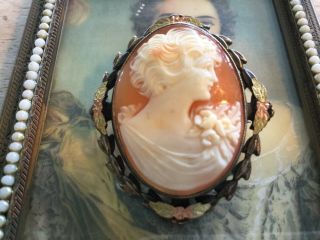 Antique Vintage Art Nouveau Shell Cameo Pin Brooch In Silver Plate 2 Tone Leaves
