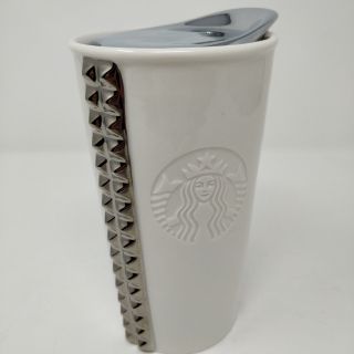 Starbucks 2014 White Ceramic Travel Tumbler Silver Studs Coffee Mug 10 Fl Oz