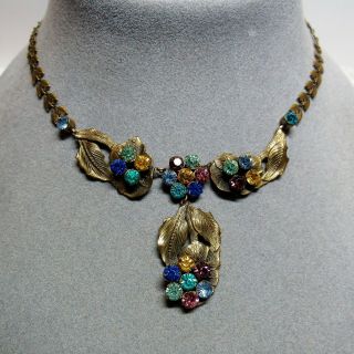 Vintage 1930s Brass Multi Color Glass Leaf Leaves Flower Pendant Czech Necklace