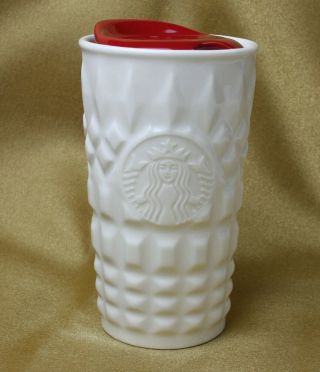 Starbucks Travel Mug 2014 White Cable Sweater Ceramic 10oz Tumbler Coffee Lid