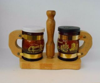 Vintage Figural Beer Mug Souvenir Wood Glass Salt Pepper Shakers & Holder Panama