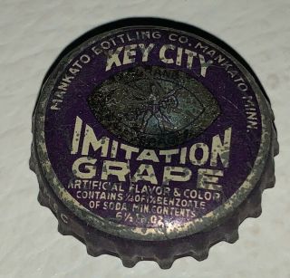 Scarce 1930s Cork Lined Bottle Cap Crown Key City Grape Soda Mankato Minnesota
