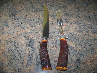 Vintage Carving Fork & Knife Set Stag Antler Horn Handles