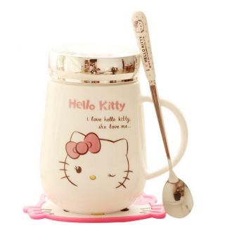 Cute Hello Kitty Ceramic Cup Tea Milk Coffee Mug 500ml C/w Spoon,  Coasters