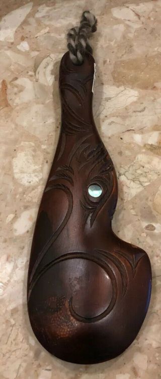 Vintage Maori Hand Carved Wooden Wahaika War Club,  Zealand,  Wood & Paua Shell