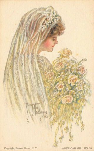 Lp64 Artist Signed Fidler Postcard Young Woman American Girl No.  18 Bride Wedding