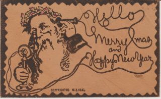 Vintage Merry Christmas And Happy Year Leather Post Card Santa Claus Phone