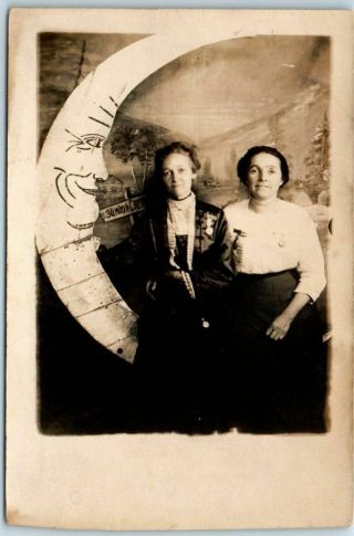 Vintage Paper Moon Real Photo Rppc Postcard 2 Ladies,  County Fair C1910s