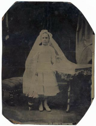 Full Plate Tintype Girl In White Communion Dress & Pink Parasol