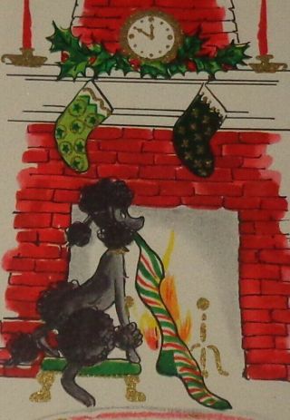 Vintage Christmas Card,  Black Poodle Dog Hanging Up A Stocking,  8 "