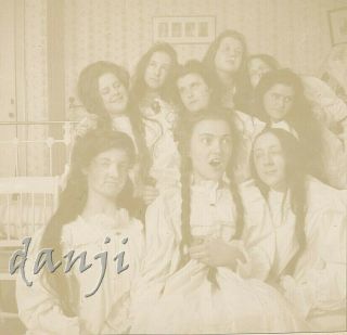 9 College Dorm Girls With Long Hair In Nightgowns In Bedroom,  Croquet Old Photo