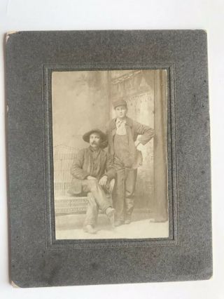 Vtg Cabinet Card Photo Man And Boy In Bib Overalls Hat Workers