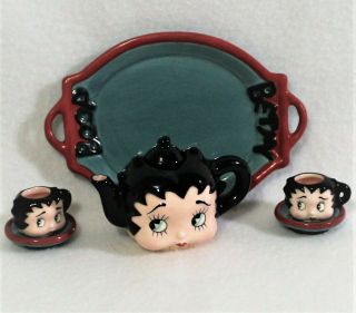 1995 Betty Boop Ceramic Mini Tea Set Tray 2 Cups Saucers Red Black Vandor King