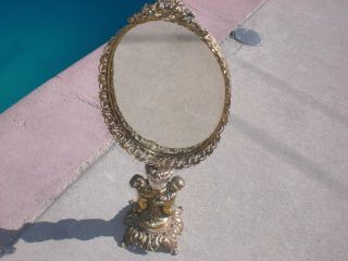 Brass Vintage Upright Vanity Mirror With Cherubs